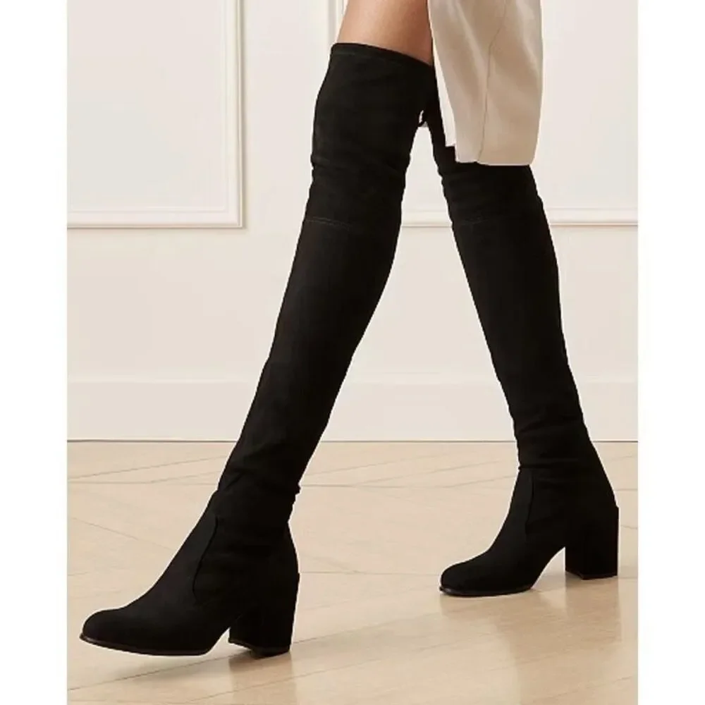 Stuart Weitzman Suede Tieland Boots 8 Black Over The Knee Chunky Block Heel